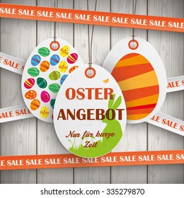 Price sticker with german text "Oster Angebot" and "Nur fuer kurze Zeit", translate "Easter Offer" and "limited time only".. Eps 10 vector file.