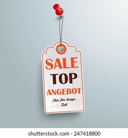 Price sticker with red thumbtackon the gray background.German text "Top Angebot" and "Nur fÃ?Â?Ã?Â¼r kurze Zeit", translate "Best Offer" and "limited time only".  Eps 10 vector file.