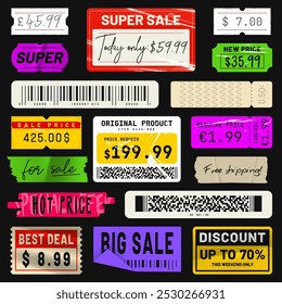 Price sticker in vintage style. Peeled paper price tags, labels, and badges. Retro sticker pack with plastic texture and grunge effect. Sale and promotional stickers collection. Vector