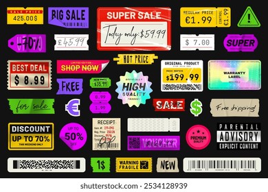 Price sticker in vintage style. Peeled paper price tags, labels, and badges. Retro sticker pack with plastic texture and grunge effect. Sale and promotional stickers collection. Vector