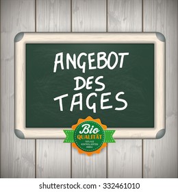 Price stickers with german text "Angebot des Tages", translate "Todays Special". German text "Frisches Gemuse", translate "Fresh Vegetables". Eps 10 vector file.