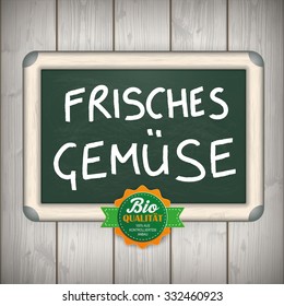 Price stickers with german text "Premium Qualitaet, Bio", translate "Premium Quality, Bio". German text "Frisches Gemuse", translate "Fresh Vegetables". Eps 10 vector file.