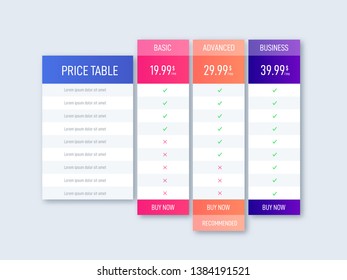 Price table business template. Vector illustration