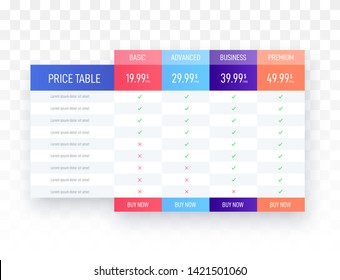 Price table business template. Vector illustration