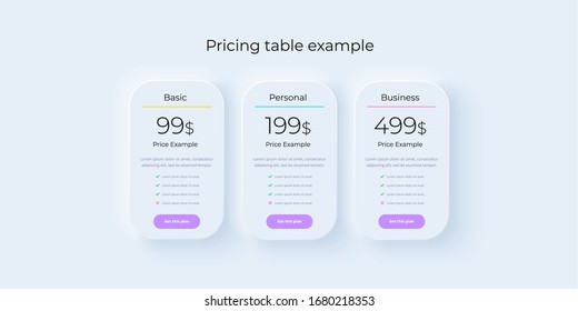 Price table concept in realistic neumorphism vector design. Pricing or subscription plan ui web elements. Website marketing or promotion interface template. Product comparison table.