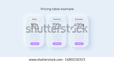 Price table concept in realistic neumorphism vector design. Pricing or subscription plan ui web elements. Website marketing or promotion interface template. Product comparison table.