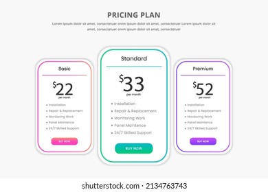 Price table concept in realistic vector design. Web ui element subscription price or plan. Website marketing or promotion interface template. Product comparison table. template presentation. web desig