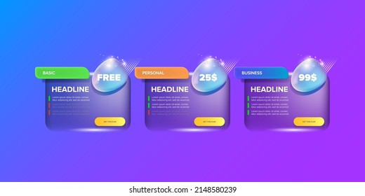 Price table concept vector design template. Pricing or subscription plan ui web elements. Website marketing and promotion landing page template. Product card UI vector illustration