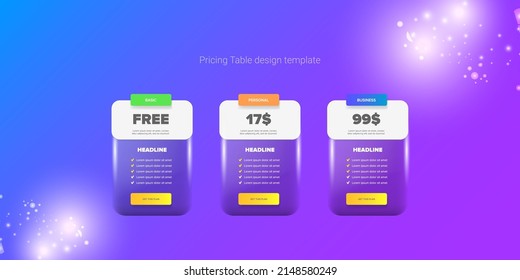 Price table concept vector design template. Pricing or subscription plan ui web elements. Website marketing and promotion landing page template. Product card UI vector illustration