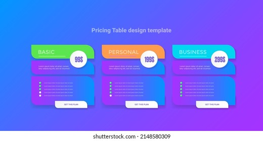 Price Table Concept Vector Design Template. Pricing Or Subscription Plan Ui Web Elements. Website Marketing And Promotion Landing Page Template. Product Card UI Vector Illustration