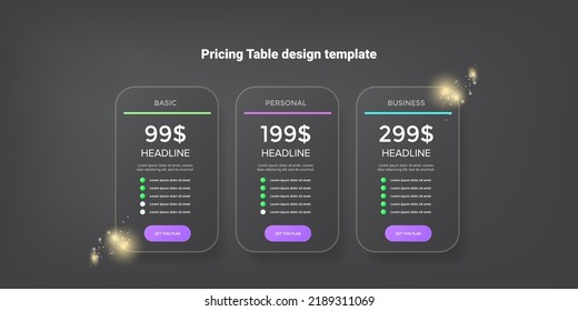 Price table concept vector design template. Pricing or subscription plan ui web elements. Website marketing and promotion landing page template. Product card UI vector illustration