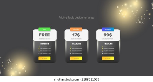 Price table concept vector design template. Pricing or subscription plan ui web elements. Website marketing and promotion landing page template. Product card UI vector illustration