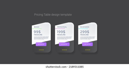 Price table concept vector design template. Pricing or subscription plan ui web elements. Website marketing and promotion landing page template. Product card UI vector illustration