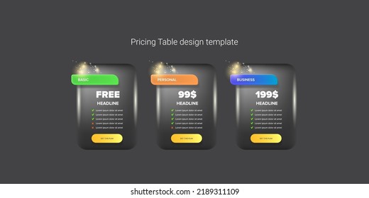 Price table concept vector design template. Pricing or subscription plan ui web elements. Website marketing and promotion landing page template. Product card UI vector illustration