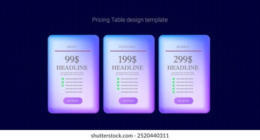 Price table concept vector design template. Pricing or subscription plan ui web elements. Website marketing and promotion landing page template. Product card UI vector illustration