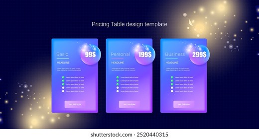 Plantilla de diseño de Vector de concepto de mesa de Precio. Precios o Plan de suscripción ui Elementos de Web. Plantilla de landing page de marketing y promoción de Sitios web. Ilustración vectorial de interfaz de usuario de la tarjeta de Producto