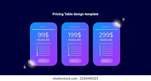 Plantilla de diseño de Vector de concepto de mesa de Precio. Precios o Plan de suscripción ui Elementos de Web. Plantilla de landing page de marketing y promoción de Sitios web. Ilustración vectorial de interfaz de usuario de la tarjeta de Producto