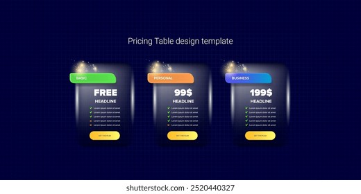 Modelo de design de vetor de conceito de tabela de preços. Elementos da Web da interface do usuário do plano de preço ou assinatura. Modelo de página inicial de promoção e marketing do site. Ilustração vetorial da interface do usuário do cartão do produto