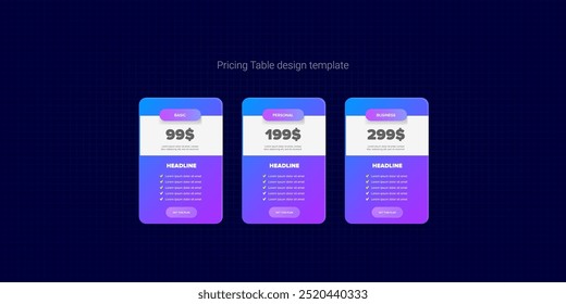 Plantilla de diseño de Vector de concepto de mesa de Precio. Precios o Plan de suscripción ui Elementos de Web. Plantilla de landing page de marketing y promoción de Sitios web. Ilustración vectorial de interfaz de usuario de la tarjeta de Producto