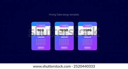Price table concept vector design template. Pricing or subscription plan ui web elements. Website marketing and promotion landing page template. Product card UI vector illustration