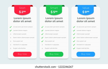 Price Table Plan Vector Web Design. Product Price Plan Comparison Options Banners For Start, Smart And Value Subscription Plan