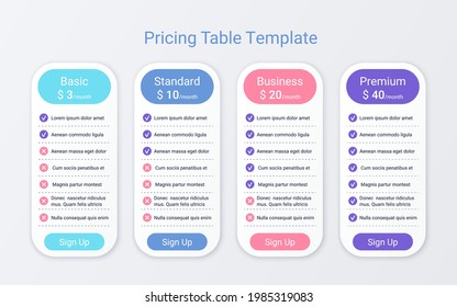 Price table plans. Comparison chart template. Vector. Pricing data grid. Spreadsheet page with 4 columns. Checklist compare tariff banner. Comparative spreadsheets with options. Simple illustration.