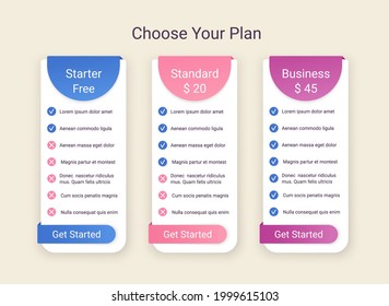 Price table plans. Comparison chart template. Vector. Pricing data grid. Spreadsheet page with 3 columns. Comparative subscription with options. Checklist compare tariff banner. Simple illustration. 