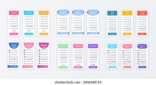 Planes de tabla de precios. Plantilla de gráfico de comparación. Establecer las redes de datos de precios. Hoja de cálculo con 3 columnas. Suscripción comparativa con opciones. Lista de comprobación comparar banner de tarifas. Ilustración vectorial. 