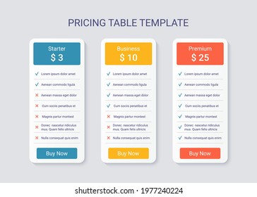 Price table plans. Comparison data template. Vector. Pricing chart grid. Spreadsheet page with 3 columns. Checklist compare tariff banner. Comparative spreadsheets with options. Simple illustration. 