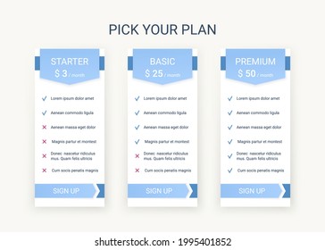 Price table plans. Comparison data template. Vector. Pricing chart grid. Spreadsheet page with 3 columns. Comparative subscription with options. Checklist compare tariff banner. Simple illustration. 