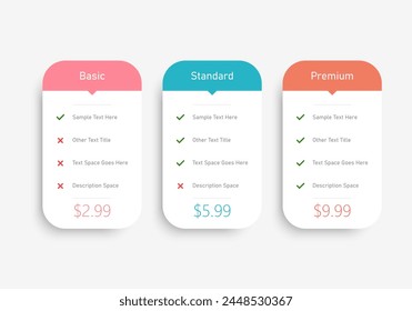 Preis-Tabelle in realistischen Neomorphismus Design Preise oder Abonnements Web UI Elemente Promotional Marketing Interface Produkt Vergleichstabelle