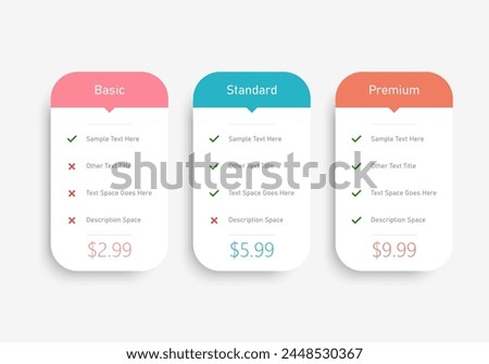 Price table in realistic neomorphism design Pricing or Subscription Plans Web UI Elements Promotional Marketing Interface Product comparison table