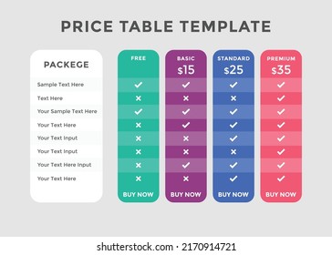 Price table template. business plan price list. product package price. Subscription Package Pricing Comparison
