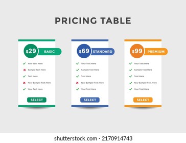 Plantilla de tabla de precios. lista de precios del plan de negocios. precio del paquete de productos. Comparación de precios de paquetes de suscripción
