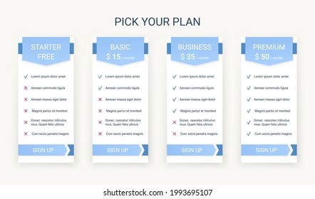 Price table template. Comparison chart layout. Vector. Pricing data grid. Spreadsheet page with 4 columns. Comparative subscription. Purchase menu with options. Checklist tariff. Simple illustration. 