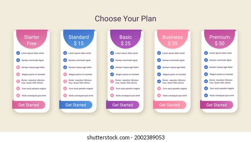 Price table template. Comparison chart layout. Vector. Pricing data grid. Comparative subscription with 5 columns. Checklist tariff. Spreadsheet page with options. Purchase menu. Simple illustration. 