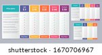 Price table template. Vector. Comparison plan chart. Set pricing data grid with 3, 4 and 5 columns. Checklist compare tariff banner. Color illustration. Flat simple design. 