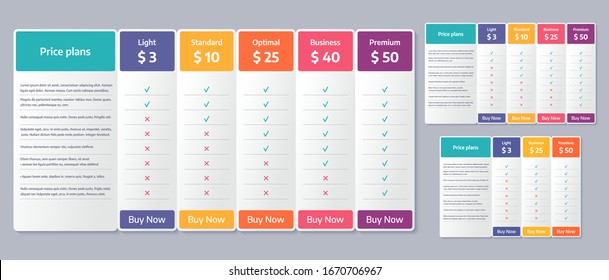 Price Table Template. Vector. Comparison Plan Chart. Set Pricing Data Grid With 3, 4 And 5 Columns. Checklist Compare Tariff Banner. Color Illustration. Flat Simple Design. 