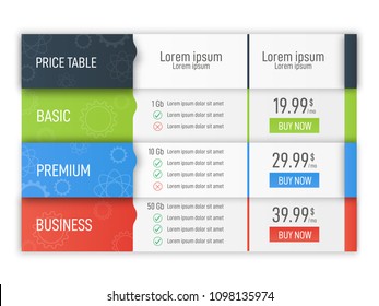 Price Table For Websites And Applications. Business Template. Vector Illustration