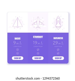 Price table for websites and applications. Business template of pricing. Vector illustration