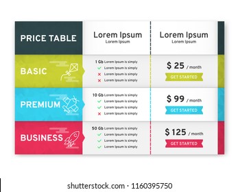 Price table for websites and applications. Template of tariffs. Vector illustration