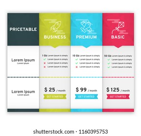 Price table for websites and applications. Template of tariffs. Vector illustration