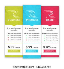 Price table for websites and applications. Template of tariffs. Vector illustration