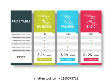 Price Table For Websites And Applications. Template Of Tariffs. Vector Illustration