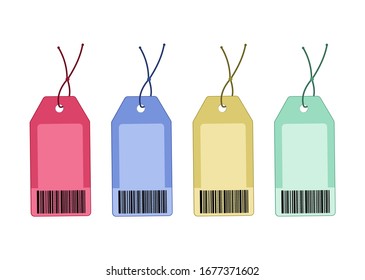 Etiqueta de precio con código de barras. Conjunto de 4 etiquetas de precio de compra en 4 colores. Ilustración vectorial en un fondo aislado blanco.