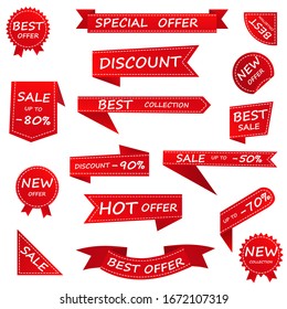 Price tag and best sale, template collection. Set of sale tags with text - best choice, special offer, discounts. Labels for design banners and postcards. Isolated on a white background. Vector