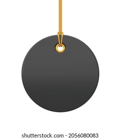 Price tag. Black blank tag hanging on gold rope. Discount label isolated on transparent background. Tag label icon for websites and apps. Realistic 3D vector illustration.