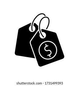 Price tag black glyph icon. Label for purchased merchandise. E commerce and distribution of products. Retail cost coupon. Silhouette symbol on white space. Vector isolated illustration