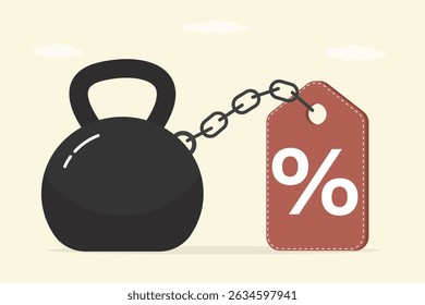 Price tag chained to heavy weight. Financial crisis and slow economy or sluggish retail selling. Inflation causing price rising up. Consumer purchasing power reducing. flat vector illustration