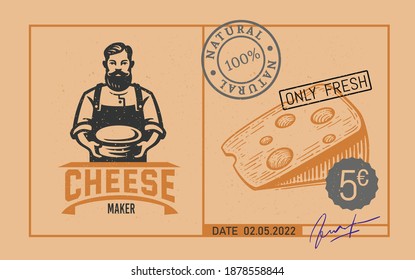 Preisschild mit Käseemarke-Logo. Preis für Käse mit Vintage-Stempeln